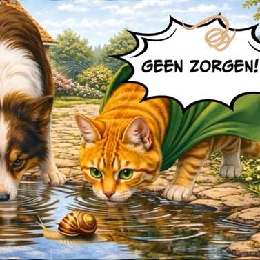 Tommie drinkt uit een waterplas